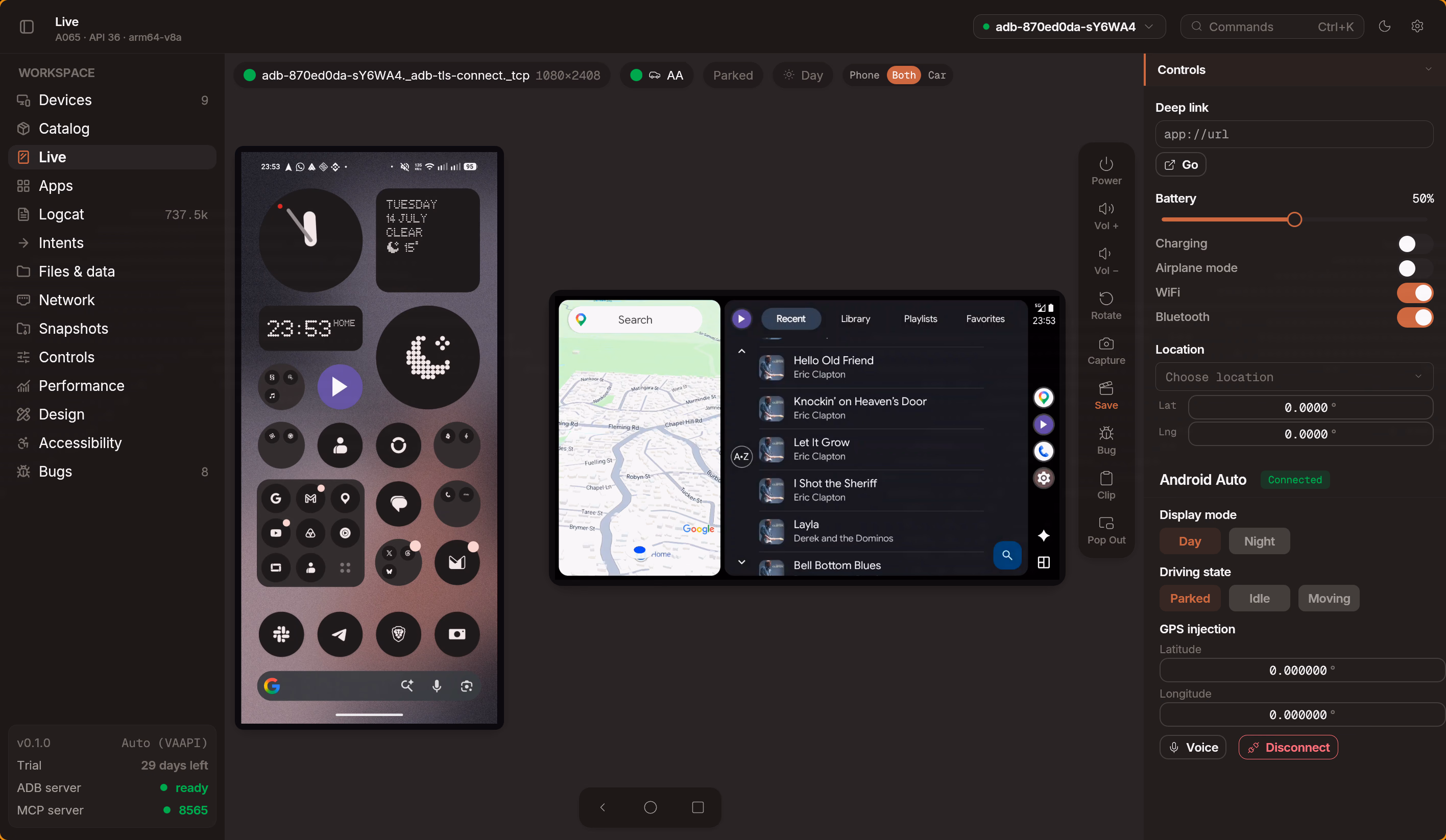 Android Auto head unit projected in Emu