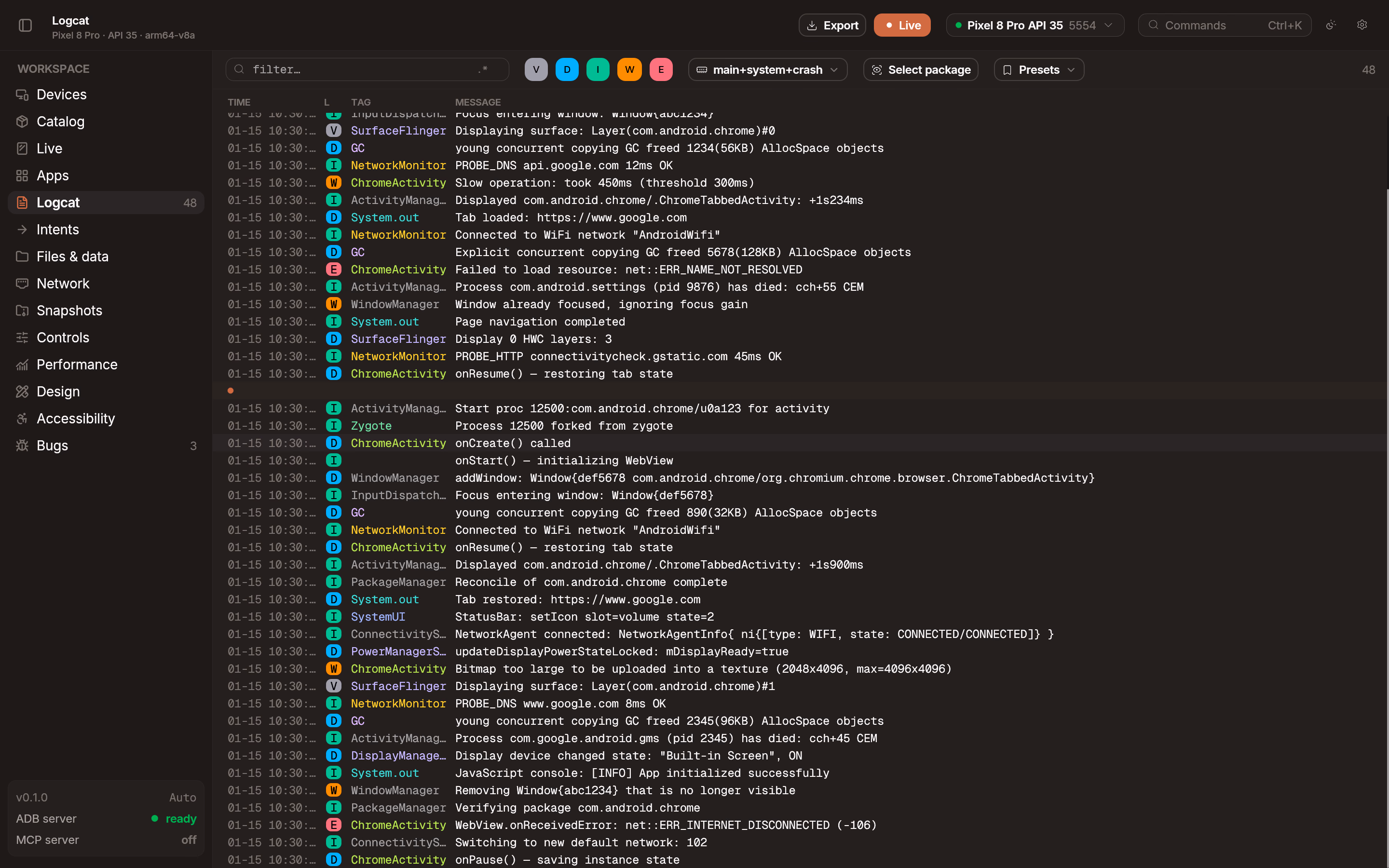 Logcat viewer with filtered log entries